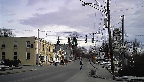 Looking south at the junction with NY 169, NY 29 by the Stewarts on the east bank